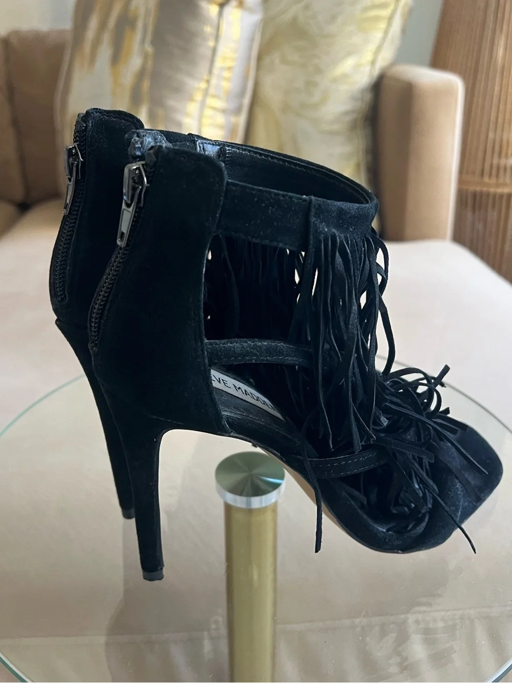 Steve Madden Fringly Fringe Heels Black Suede Stilettos Size 7.5